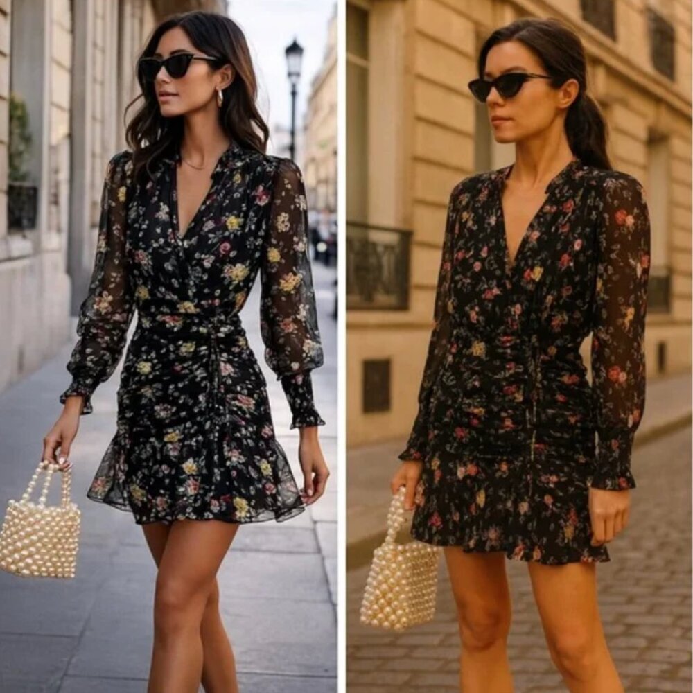 Veronica Beard Black Floral Print Armeria Ruched Smocked Silk Mini Dress 16